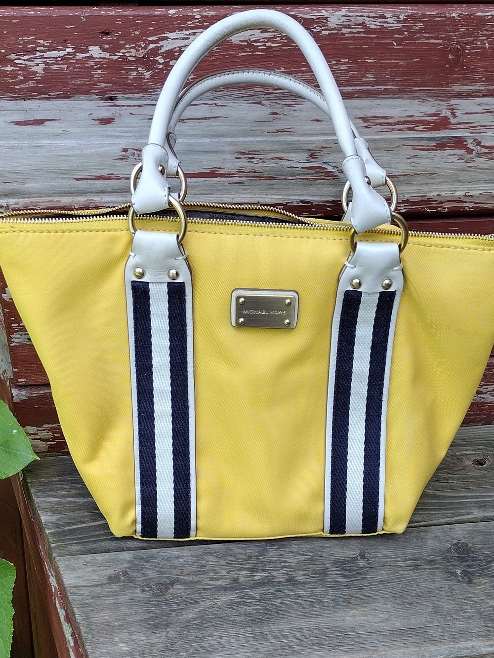 Michael Kors Montauk tote bag yellow nylon with Cream handles and navy stripes